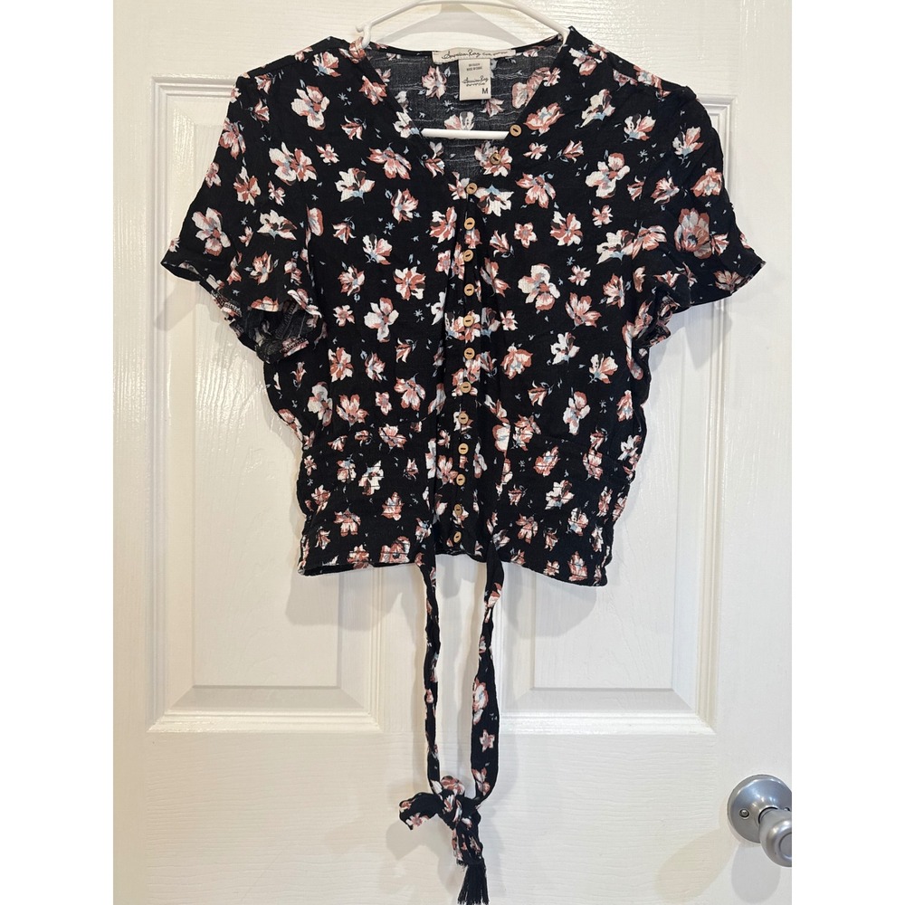American Rag Floral Button Up Tie‎ Front Top Black Pink White Medium